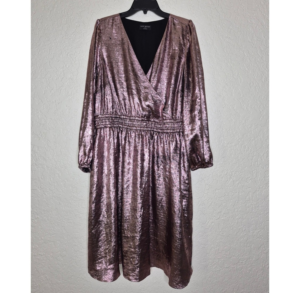 Lane Bryant Metallic Pink Wrap Front Dress Mauve Rose Gold Long Sleeve 18/20